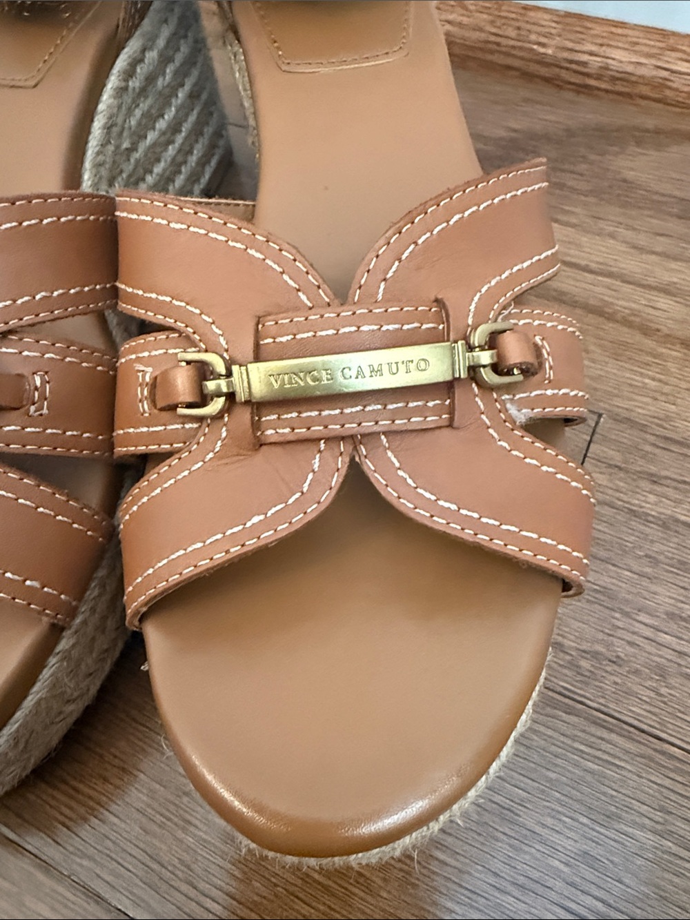 Brunch or Church Go To Wedges Vince Camuto Tan Wedge Sandals with Gold Accents - Picture 6 of 7